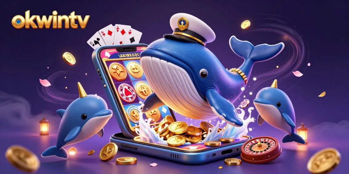 Experience seamless betting with OKWINTV's dynamic 3D scene featuring a whale and dolphins.