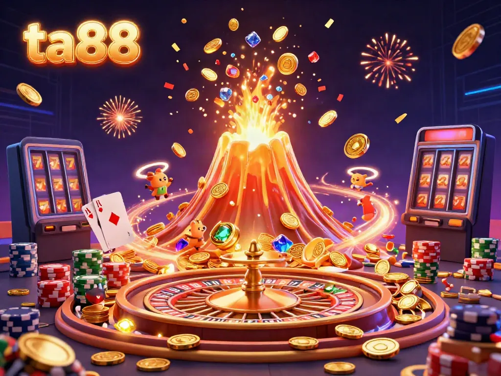 Experience the thrill of ta88 casino with a golden volcano erupting coins and treasure in a vibrant online gaming scene.