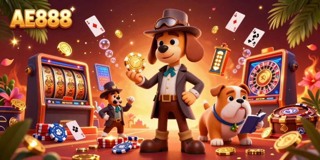 Experience excitement at AE888 with a detective and bulldog amidst vibrant casino elements