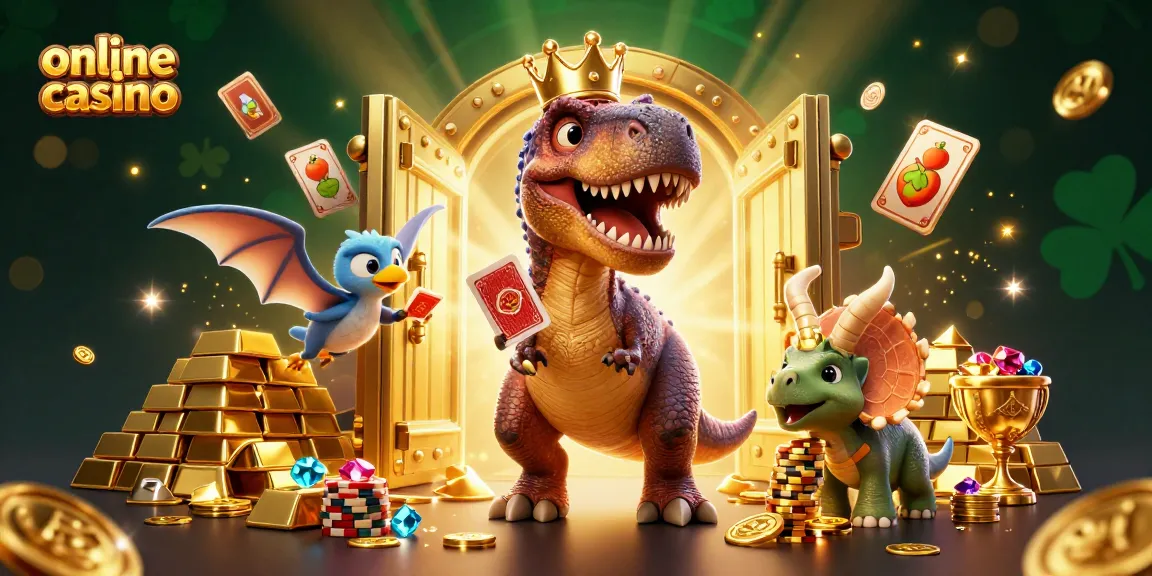 Experience the excitement of an online casino with a whimsical T-Rex and vibrant treasures.