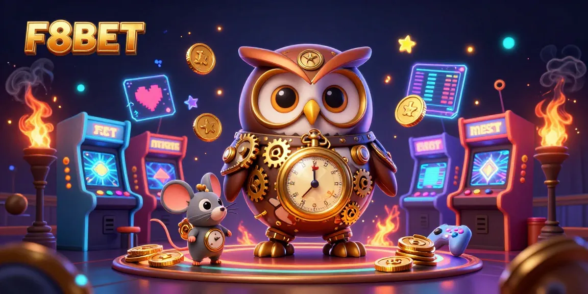 Experience F8BET excitement in this vibrant casino-themed 3D illustration featuring playful characters and glowing elements.