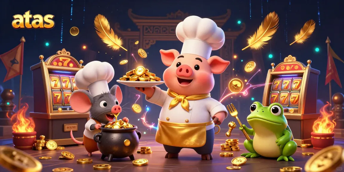 Engage in thrilling gameplay at ATAS Casino with 3D characters amidst festive coin graphics.