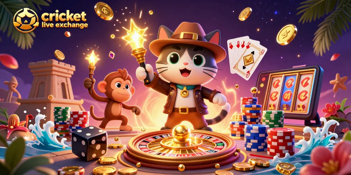 Exciting cricket live exchange scene with dynamic characters and vibrant casino elements.