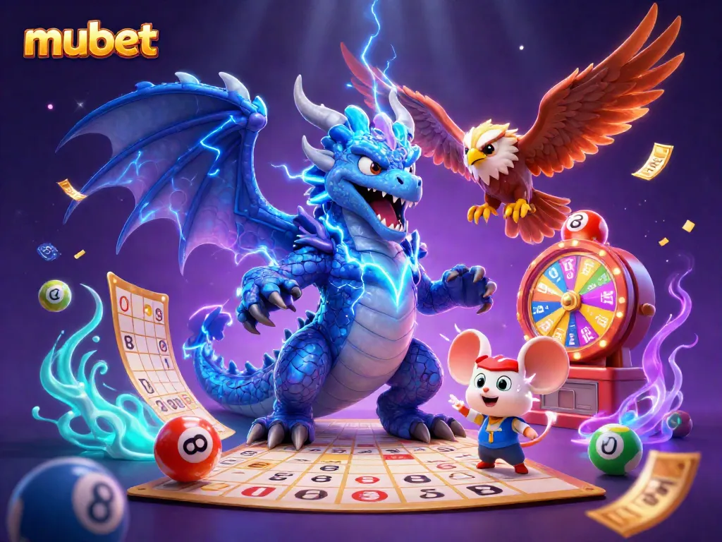 Win big with mubet as a thunder dragon, wind hawk, and thunder mouse celebrate a jackpot.