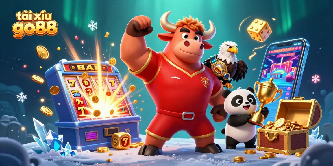 Engage in thrilling gameplay with tài xỉu go88, as a bull mascot, eagle, and panda celebrate around jubilant casino elements.