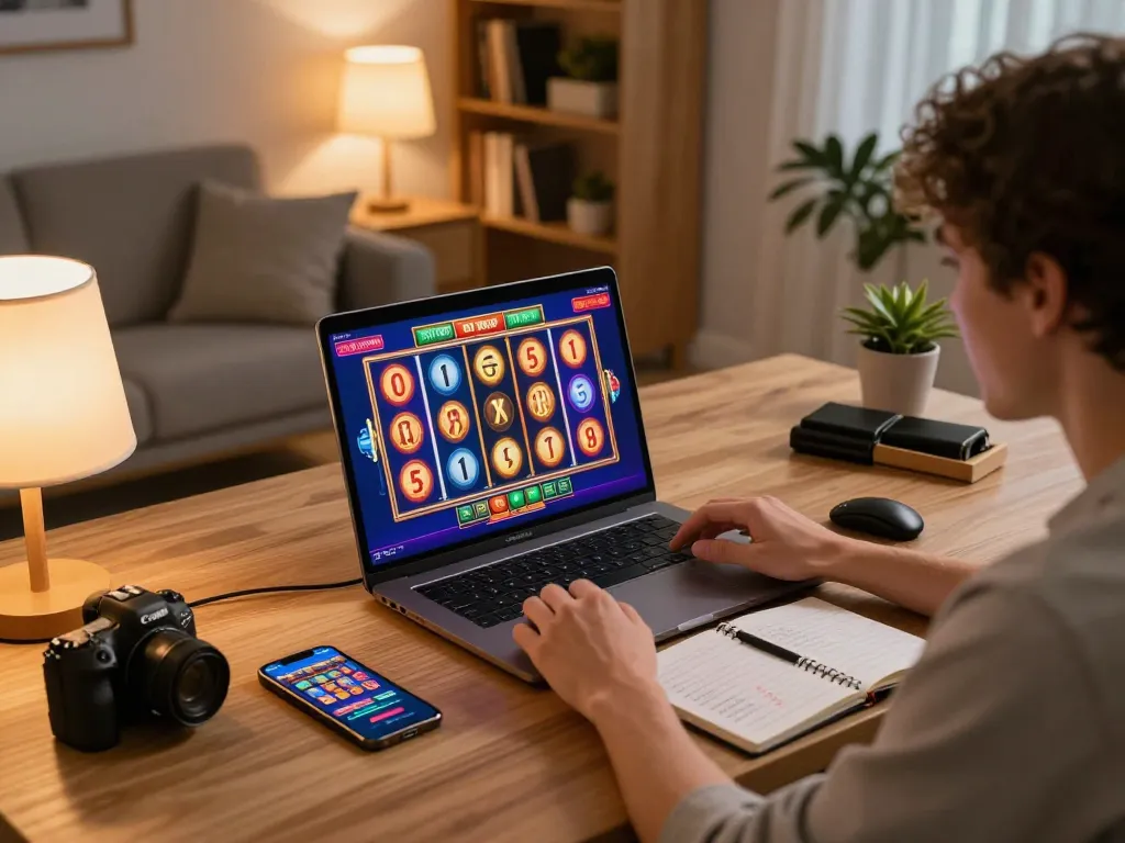 Engaging with online slot games on a laptop, showcasing excitement over winning reels aligning in a stylish home office.