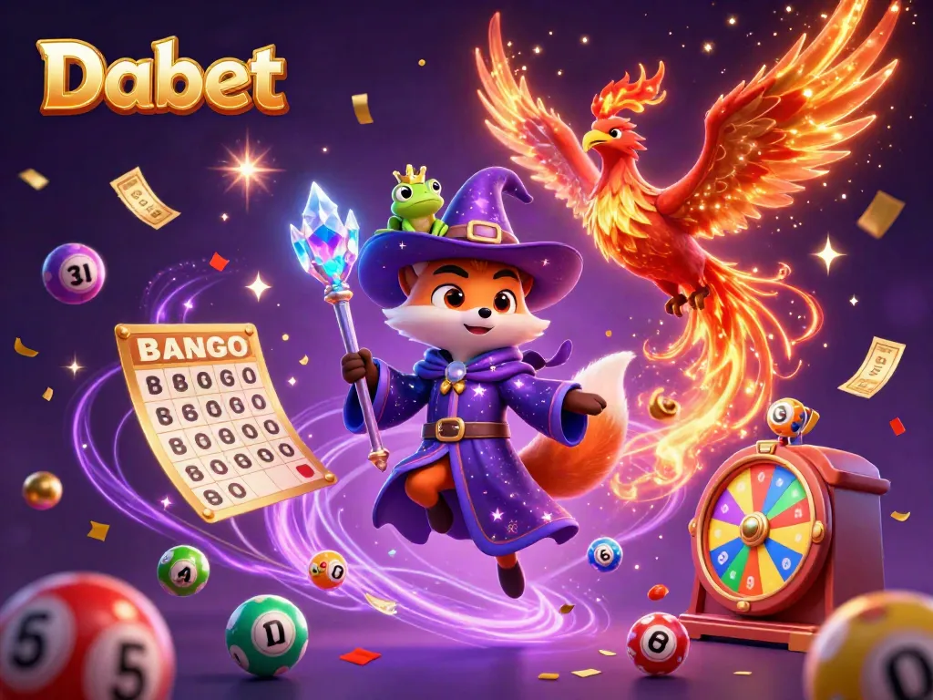 Dabet showcases a thrilling casino celebration with a fox wizard, phoenix, and fire effects.