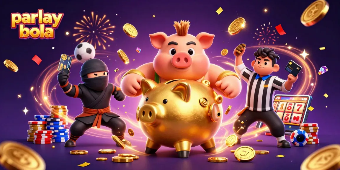 Engage in parlay bola with an energetic scene featuring a piggy bank sumo wrestler and sports-themed elements.