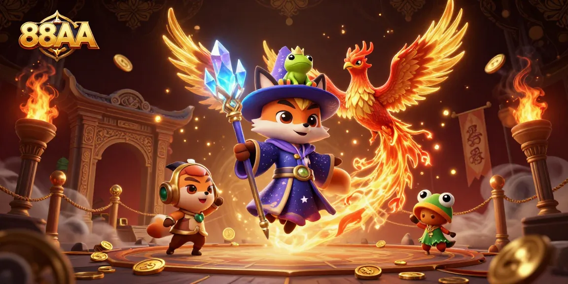 Join the excitement at 88AA with a mystical wizard and phoenix in a vibrant casino scene.