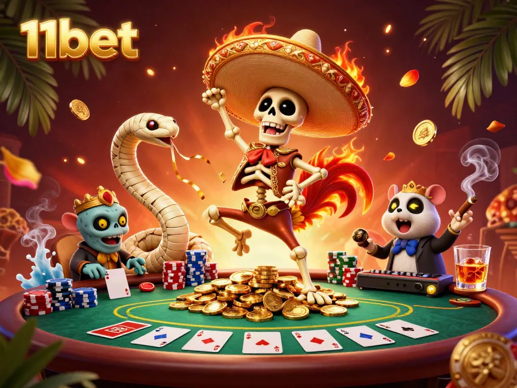 Experience thrilling 11bet gaming with a lively mariachi rooster and vibrant casino elements.