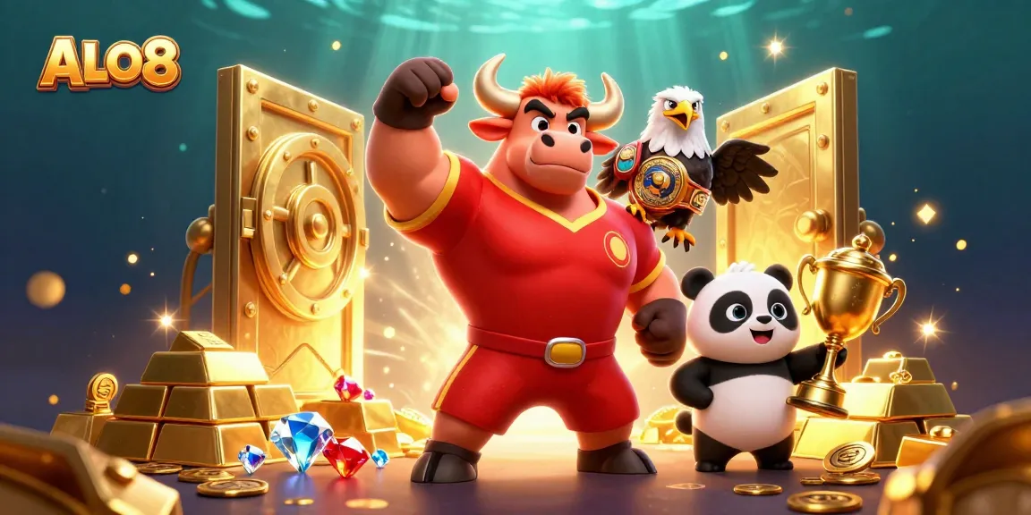 Experience thrilling gameplay at ALO8 with a powerful bull mascot, eagle, and panda celebrating wealth.