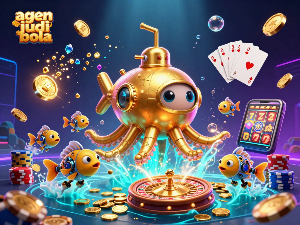 Attract players with the dynamic agen judi bola scene featuring animated kraken submarine and casino elements.