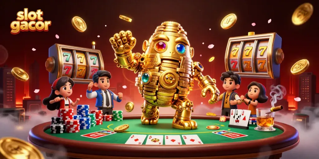 Experience captivating slot gacor action featuring a golden golem amidst vibrant casino elements.