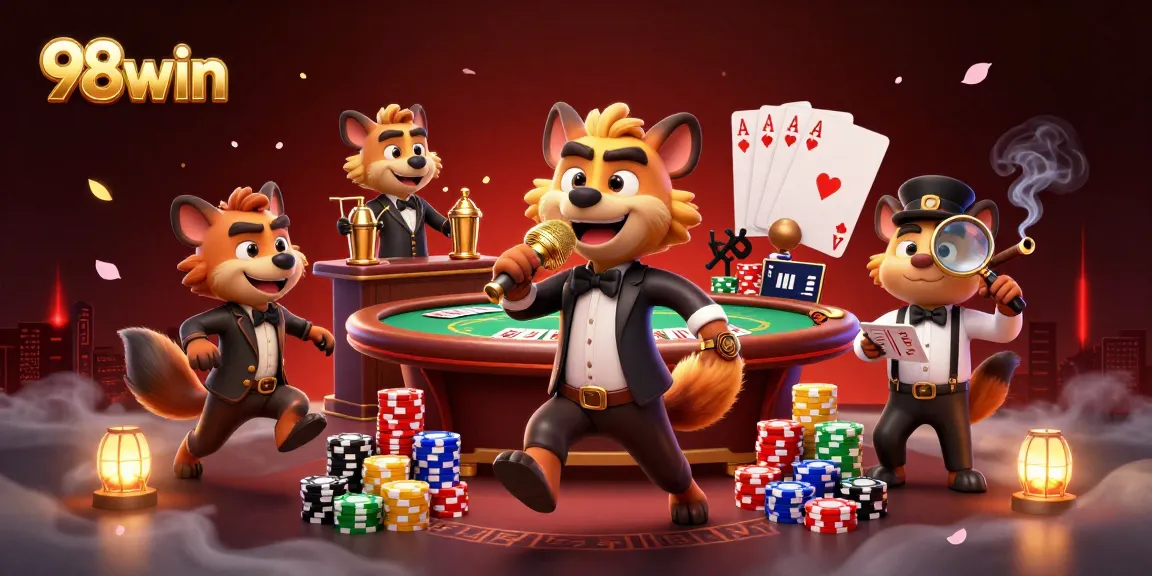 Experience thrilling casino action with 98win in this vibrant cartoon scene featuring hyenas